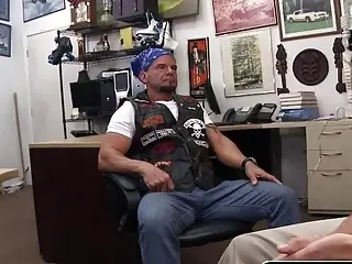 Biker in need of cash trades his ass at the pawn shop