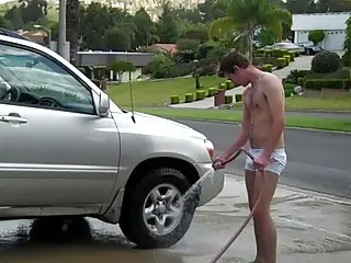 Nasty lad washes the car with a boner 